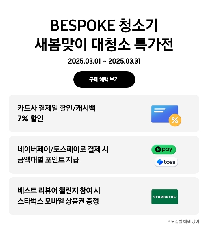 BESPOKE 청소기 새봄맞이 대청소 특가전, 2025. 03. 01 ~ 2025. 03. 31, 구매 혜택 보기
- 파란색 신용카드 아이콘, 카드사 결제일 할인/캐시백 7% 할인
- 네이퍼페이/토스페이 아이콘, 네이버페이/토스페이로 결제 시 금액대별 포인트 지급
- 스타벅스 아이콘, 베스트 리뷰어 챌린지 참여 시 스타벅스 모바일 상품권 증정
모델별 혜택 상이