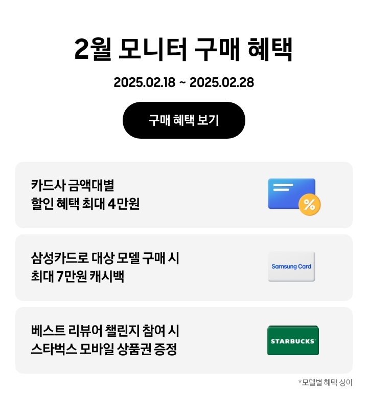 - 2월 모니터 구매 혜택 2025.02.18 ~2025.02.28 구매 혜택 보기
- 노란색 할인 태그와 파란색 신용카드 아이콘, 카드사 금액대별 할인 혜택 최대 4만원
- 삼성카드 아이콘, 삼성카드로 대상 모델 구매 시 최대 7만원 캐시백
- 스타벅스 아이콘, 베스트 리뷰어 챌린지 참여 시 스타벅스 모바일 상품권 증정