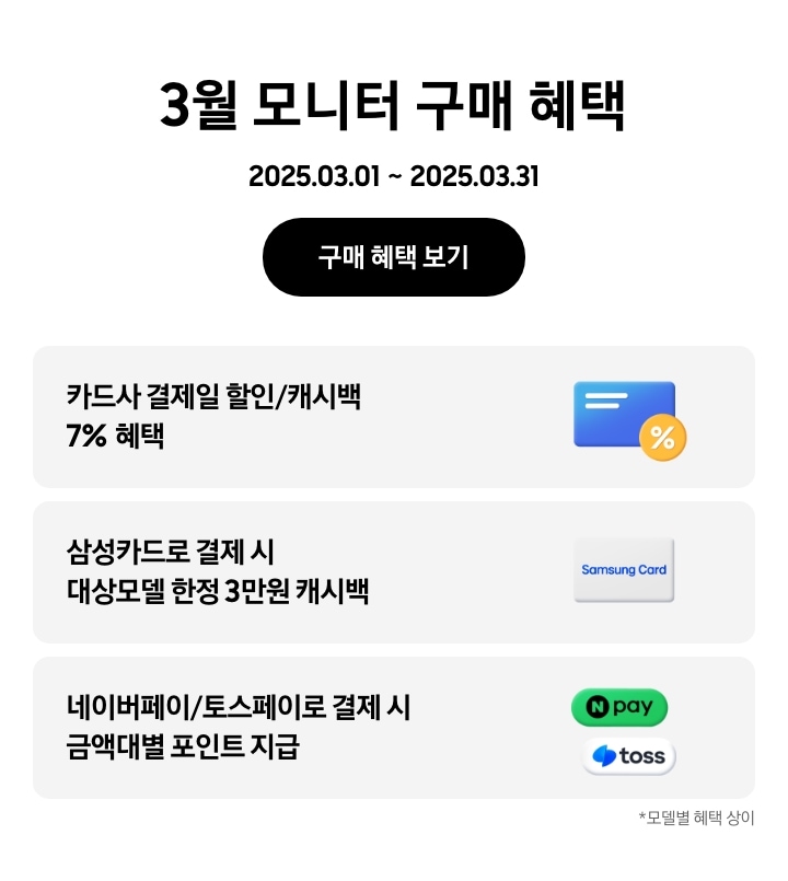 - 3월 모니터 구매 혜택 2025.03.01 ~2025.03.31 구매 혜택 보기
		- 노란색 할인 태그와 파란색 신용카드 아이콘, 카드사 결제일 할인/캐시백 7% 혜택
		- 삼성카드 아이콘, 삼성카드로 결제 시 대상모델 한정 3만원 캐시백
		- 네이퍼페이/토스페이 아이콘, 네이버페이/토스페이로 결제 시 금액대별 포인트 지급