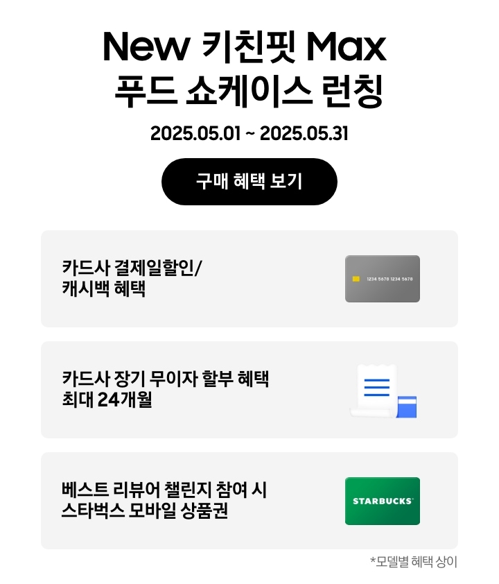 [Ñéw 키친핏 M~áx 푸드 쇼케이스 런칭, 2025.05.01~2025.05.31, 구매 혜택 보기, 회색 카드 아이콘, 카드사 결제일할인/캐시백 혜택 흰색 영수증과 파란색 카드가 겹쳐있는 아이콘, 카드사 장기 무이자 할부 혜택 최대 24개월, ST~ÁRBÚ~CKS 로고가 가운데 있는 초록색 카드 아이콘, 베스트 리뷰어 챌린지 참여 시 스타벅스 모바일 상품권, 모델별 혜택 상이]