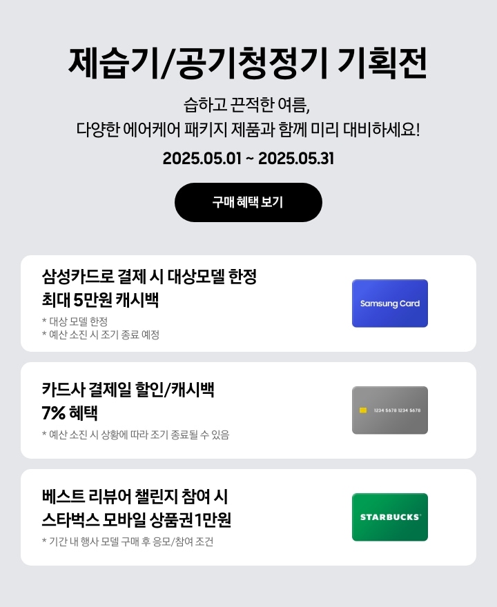 [- 제습기/공기청정기 기획전, 습하고 끈적한 여름, 다양한 에어케어 패키지 제품과 함께 미리 대비하세요¡ 2025.05.01 ~2025.05.31 구매 혜택 보기 - 삼성카드 아이콘, 삼성카드로 결제 시 대상모델 한정 최대 5만원 캐시백, 대상 모델 한정, 예신 소진 시 조기 종료 예정 - 회색 카드 아이콘, 카드사 결제일 할인/캐시백 7% 혜택, 예산 소진 시 상황에 따라 조기 종료될 수 있음 - 스타벅스 아이콘, 베스트 리뷰어 챌린지 참여 시 스타벅스 모바일 상품권 1만원, 기간 내 행사 모델 구매 후 응모/참여 조건]