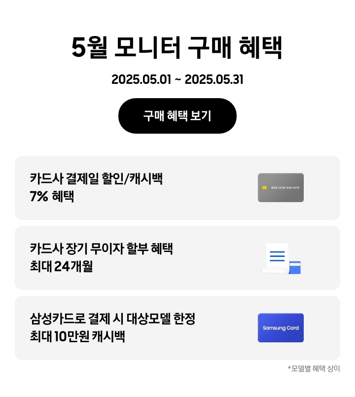 [- 5월 모니터 구매 혜택 2025.05.01 ~2025.05.31 구매 혜택 보기 - 회색 카드 아이콘, 카드사 결제일 할인/캐시백 7% 혜택 - 하얀색 영수증과 파란색 카드 아이콘, 카드사 장기 무이자 할부 혜택 최대 24개월 - 삼성카드 아이콘, 삼성카드로 결제 시 대상모델 한정 최대 10만원 캐시백 모델별 혜택 상이]