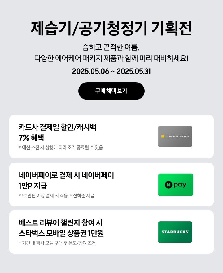 [- 제습기/공기청정기 기획전, 습하고 끈적한 여름, 다양한 에어케어 패키지 제품과 함께 미리 대비하세요¡ 2025.05.06 ~2025.05.31 구매 혜택 보기 - 회색 카드 아이콘, 카드사 결제일 할인/캐시백 7% 혜택, 예산 소진 시 상황에 따라 조기 종료될 수 있음 - 네이버페이 아이콘, 네이버페이로 결제 시 네이버페이 1만P 지급, 50만원 이상 결제 시 적용, 선착순 지급 - 스타벅스 아이콘, 베스트 리뷰어 챌린지 참여 시 스타벅스 모바일 상품권 1만원, 기간 내 행사 모델 구매 후 응모/참여 조건]