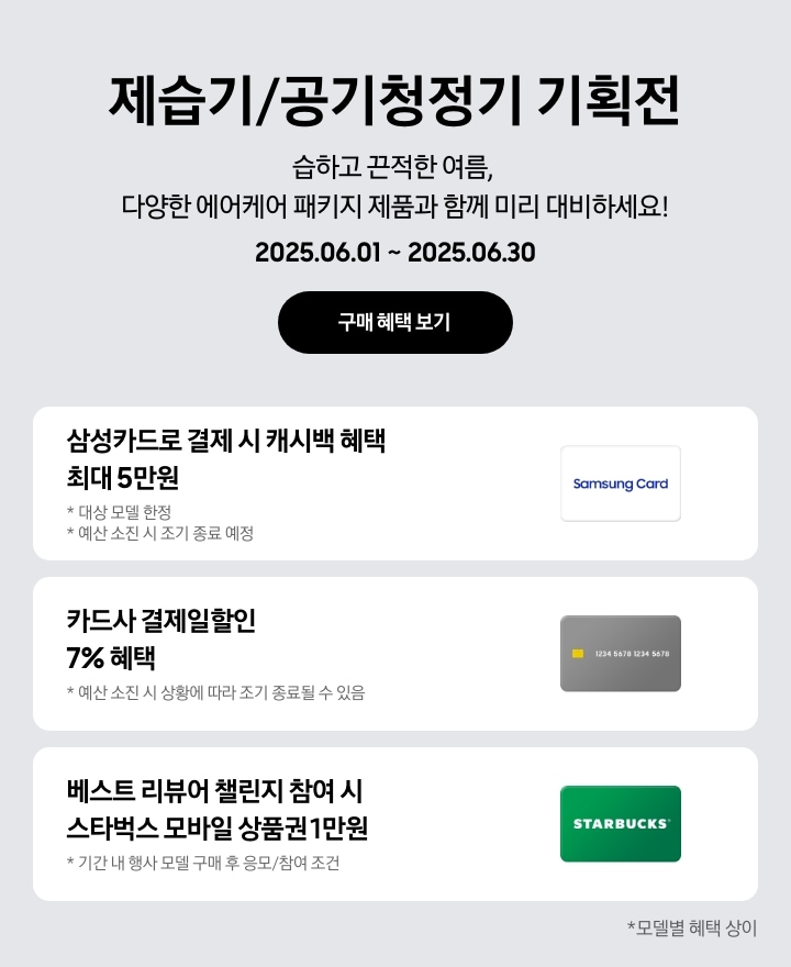 - 제습기/공기청정기 기획전, 습하고 끈적한 여름, 다양한 에어케어 패키지 제품과 함께 미리 대비하세요! 2025.06.01 ~2025.06.30 구매 혜택 보기
				- 하얀색 삼성카드 아이콘, 삼성카드로 결제 시 캐시백 혜택 최대 5만원, 대상 모델 한정, 예신 소진 시 조기 종료 예정
				- 회색 카드 아이콘, 카드사 결제일할인 7% 혜택, 예산 소진 시 상황에 따라 조기 종료될 수 있음
				- 스타벅스 아이콘, 베스트 리뷰어 챌린지 참여 시 스타벅스 모바일 상품권 1만원, 기간 내 행사 모델 구매 후 응모/참여 조건
				모델별 혜택 상이