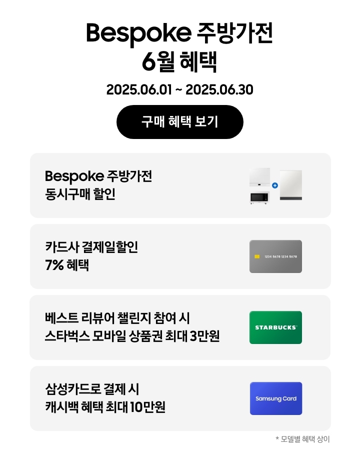 Bespoke 주방가전 6월 혜택, 2025.06.01 ~ 2025.06.30, 구매 혜택 보기, 
				- 큐커, 인덕션, 식기세척기가 함께 놓여 있는 이미지, Bespoke 주방가전 동시구매 할인
				- 신용카드 이미지, 카드사 결제일할인 7% 혜택 
				- 스타벅스 상품권 이미지, 베스트 리뷰어 챌린지 참여 시 스타벅스 모바일 상품권 최대 3만원 
				- Samsung Card가 적힌 파란색 카드, 삼성카드 결제 시 캐시백 혜택 최대 10만원 
				*모델별 혜택 상이