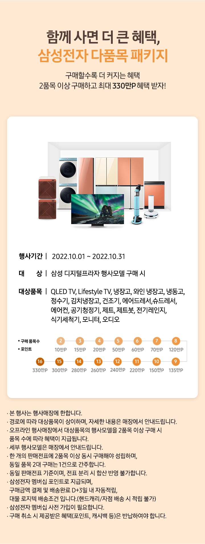함께 사면 더 큰 혜택, 삼성전자 다품목 패키지 2품목 이상 구매하고 최대 330만P 혜택 받자!_MO
