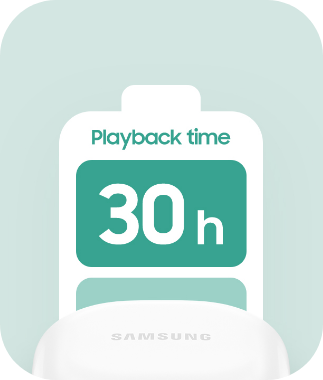 상단에는 Playback time, 그 하단에는 30시간이 적혀져 있는 배터리 일러스트, 그 아래에는 버즈 FE가 윗면을 향해 있는 모습