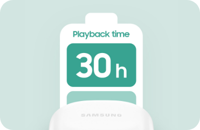 상단에는 Playback time, 그 하단에는 30시간이 적혀져 있는 배터리 일러스트, 그 아래에는 버즈 FE가 윗면을 향해 있는 모습