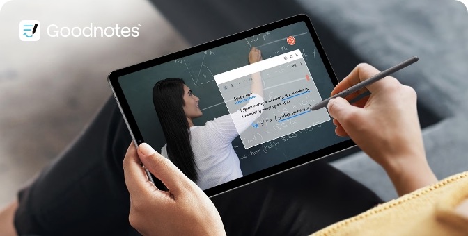 굿노트를 사용하고 있는 갤럭시 탭 화면과 굿노트 로고