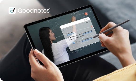 굿노트를 사용하고 있는 갤럭시 탭 화면과 굿노트 로고