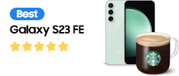 갤럭시 S23 FE 민트 전후면과 스타벅스 아이스아메리카노, BEST 딱지와 함께 Galaxy S23 FE라고 쓰여져 있는 별 다섯개가 그려진 말풍선