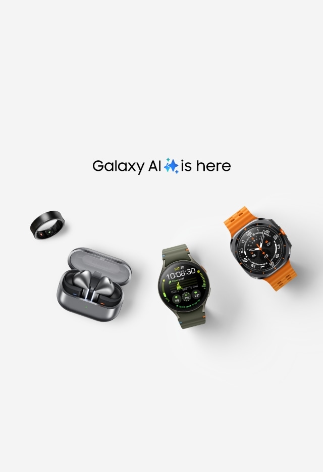 Galaxy AI is here 문구가 쓰여져 있고, 그 아래 좌측 부터, 링, 버즈, 워치 2개가 나란히 위치해 있는 모습