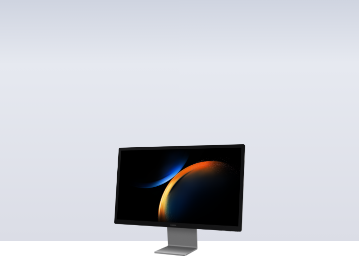 삼성 올인원 프로 모델이 좌측으로 45도 틀어져 있고 화면에는 파란색 반원과 주황색 반원이 맞닿아있는 이미지의 화면을 띄우고 있는 