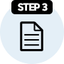 상단에 STEP 3라는 문구가 적힌 검은색 박스가 있고 문서 모양의 아이콘이 파란색 원 안에 있는