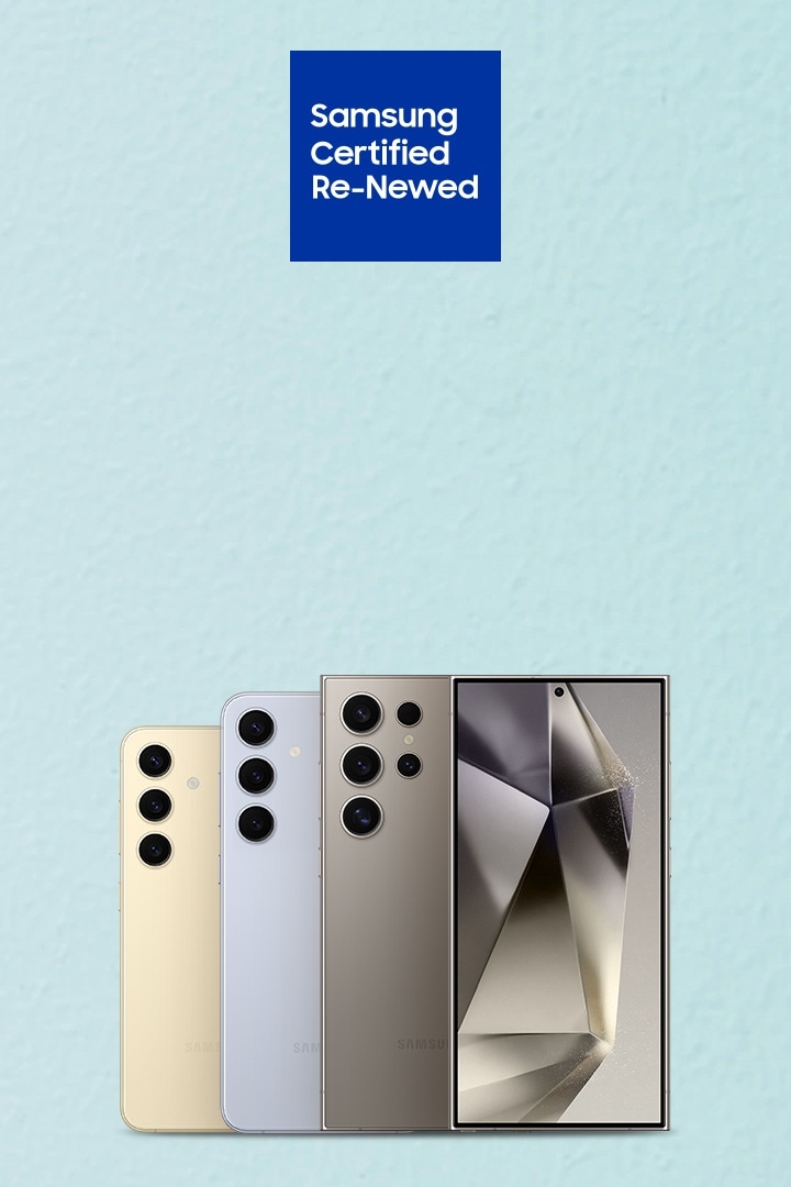 왼쪽 상단에 Samsung Certified Re-Newed 로고가 있고, 오른쪽에는 삼성 갤럭시 휴대폰 4대가 나열되어 있습니다.