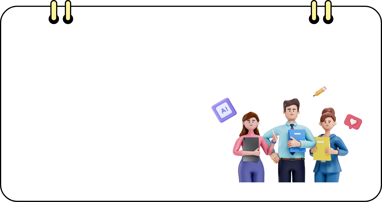 태블릿, S펜과 서류를 들고 있는 교사 캐릭터 3명