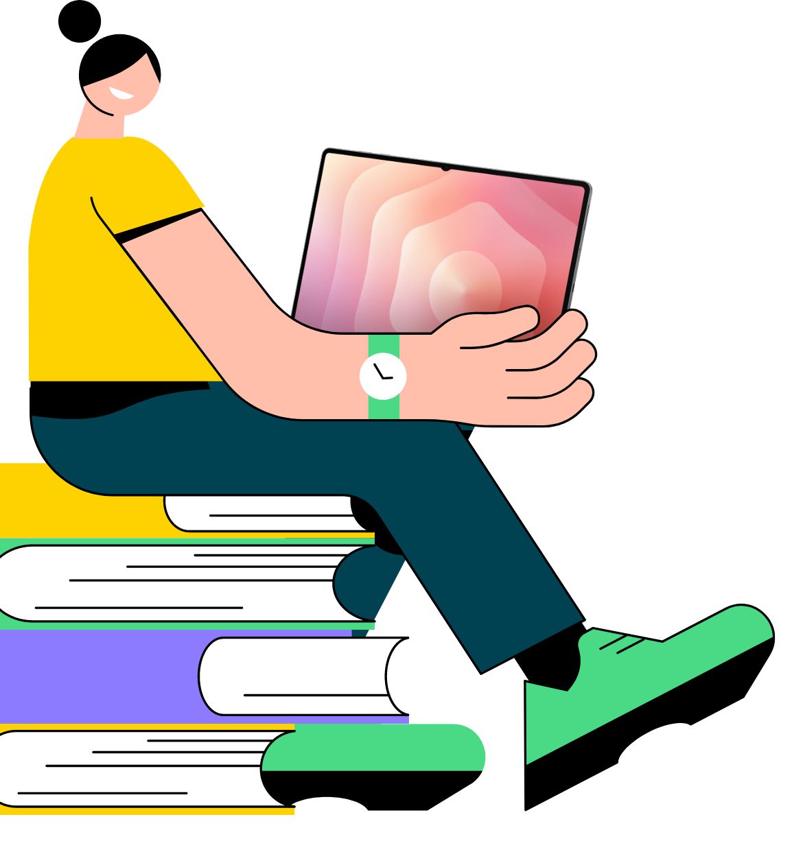 쌓인 책 위에 앉아 노트를 보는 여자 캐릭터