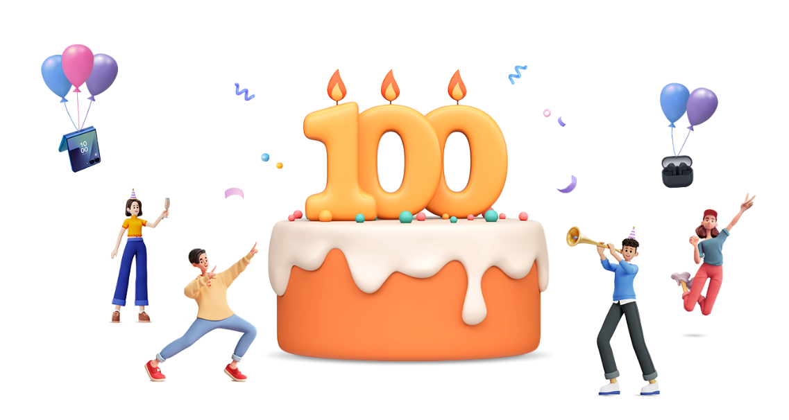 풍선에 매달려 하늘에 떠있는 갤럭시 Z 플립7, 케이크를 바라보며 갤캠스를 축하하고 있는 남자와 여자, 숫자 100 모양 초가 꽂혀 있는 주황색 케이크, 풍선에 매달려 하늘에 떠있는 갤럭시 버즈3 프로