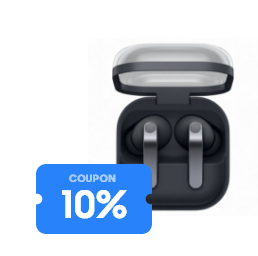 10% 쿠폰 이미지와 버즈5 프로 실버 케이스가 열려있고 이어버드가 들어있는