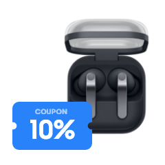 10% 쿠폰 이미지와 버즈5 프로 실버 케이스가 열려있고 이어버드가 들어있는