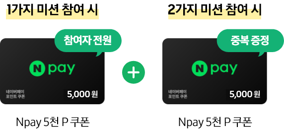 1가지 미션 참여 시 참여자 전원 Npay 5천 P 쿠폰 + 2가지 미션 참여시 중복 증정 Npay 5천 P 쿠폰