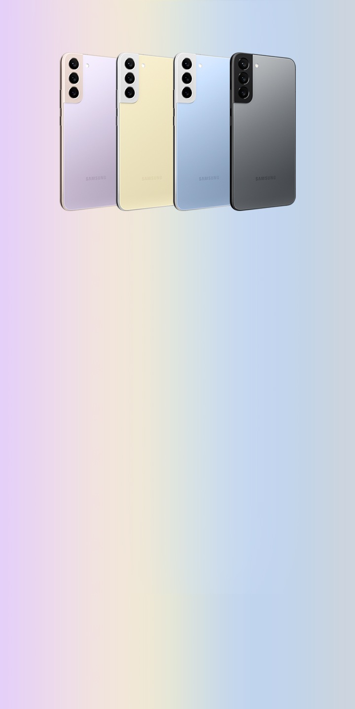 갤럭시 S22+ 단독컬러(팬텀블랙, 스카이블루, 크림, 바이올렛) 제품이 나열된 모습