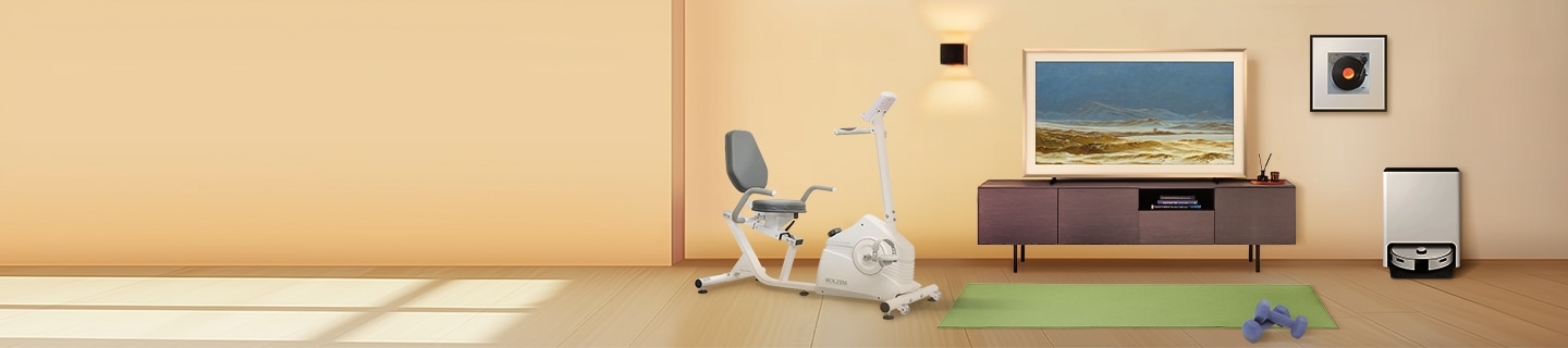 거실 배경, 실내 자전거, 요가매트, 아령, 뮤직 프레임 LS60D, Bespoke AI 스팀