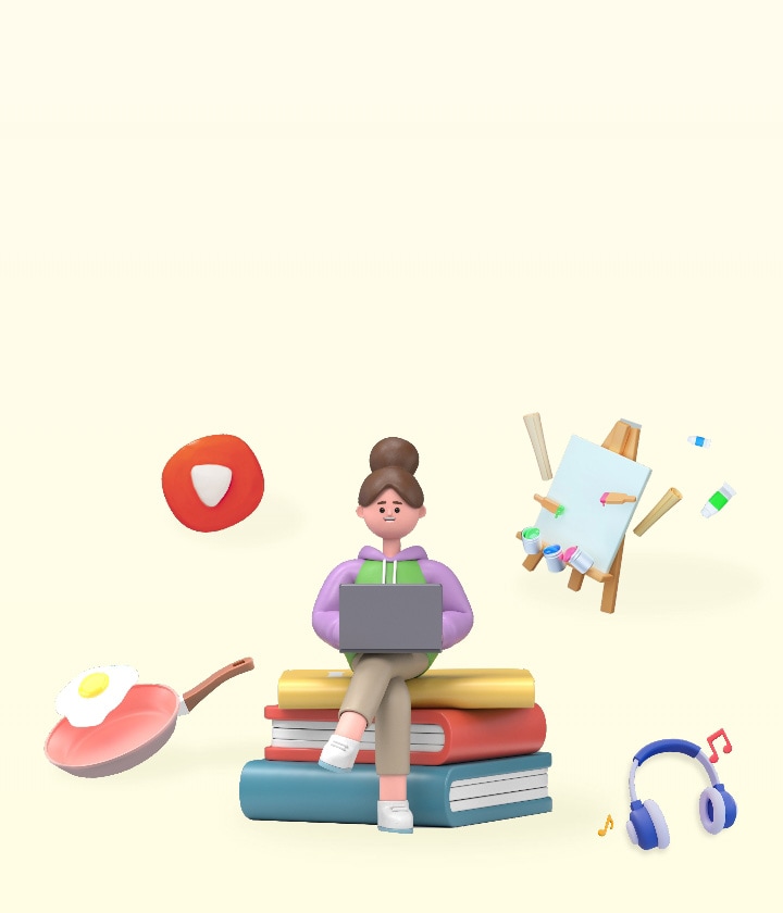 계란후라이가 올려져있는 후라이팬, 책 위에 앉아서 노트북하는 여자, 유튜브 아이콘, 물감, 도화지, 음표, 헤드셋