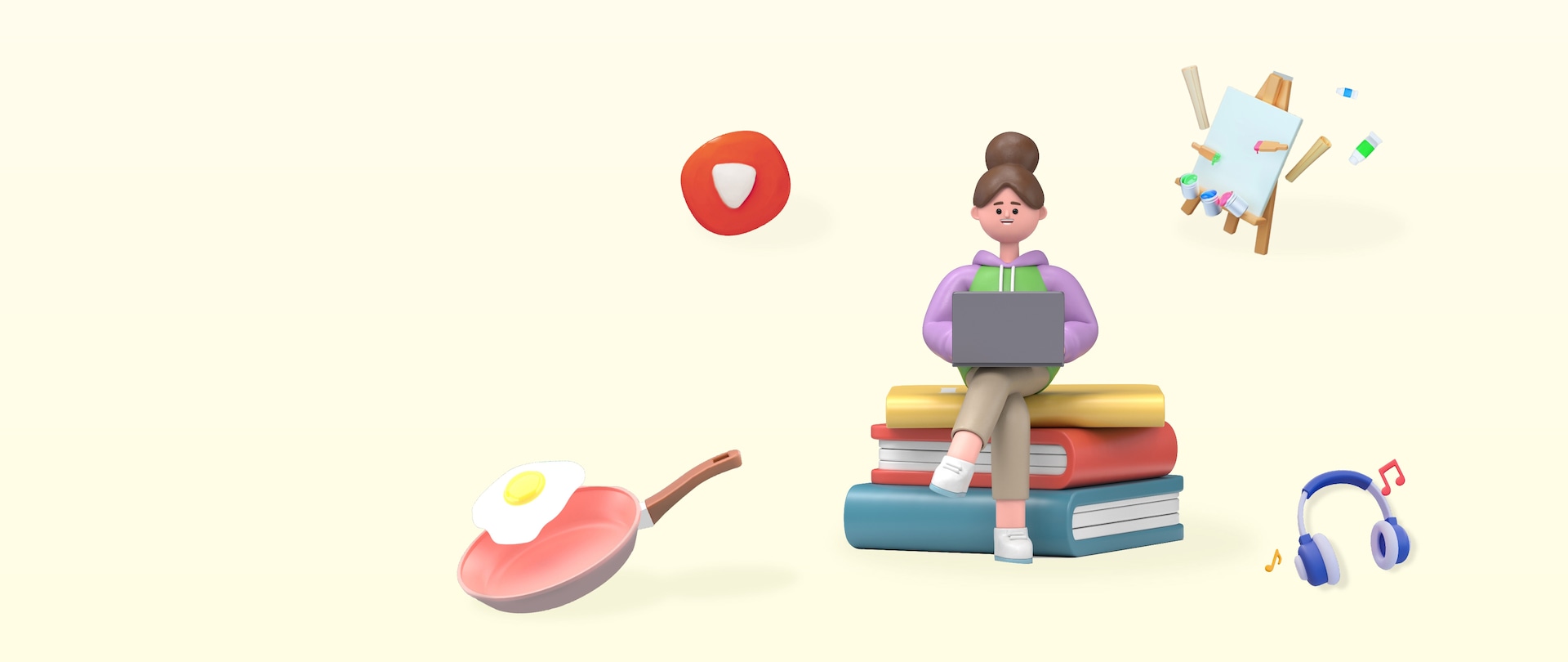 계란후라이가 올려져있는 후라이팬, 책 위에 앉아서 노트북하는 여자, 유튜브 아이콘, 물감, 도화지, 음표, 헤드셋