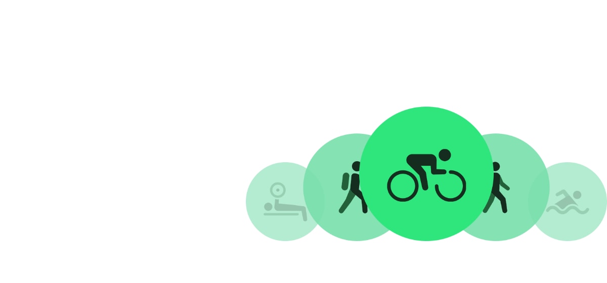 웨이트,등산,자전거,걷기,수영 아이콘들이 초록색 원안에 있는 이미지가 나란히 배치되어 있는