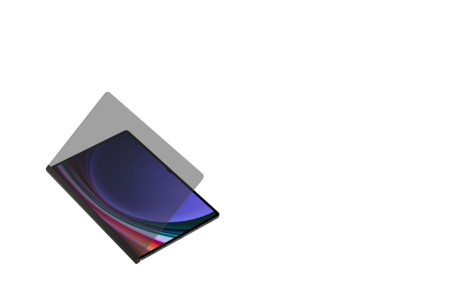 프라이버시 스크린이 끼워져있는 파란색 배경화면을 가진 갤럭시 탭 S9 울트라