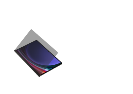 프라이버시 스크린이 끼워져있는 파란색 배경화면을 가진 갤럭시 탭 S9 울트라