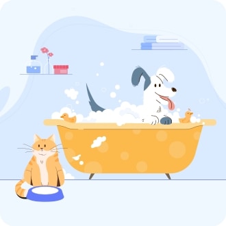 욕실을 배경으로 한 일러스트. 욕조에서 거품 목욕을 하고 있는 강아지 일러스트. 우유 그릇을 앞에 두고 있는 고양이 일러스트.