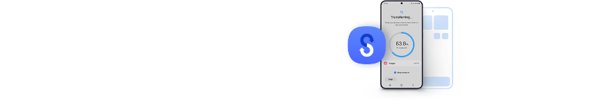 갤럭시 폰 정면샷 화면 안에 파란색 로딩되는 듯한 동그라미가 있고 좌측에 파란색 네모 안에 상단은 파란색 하단은 흰색의 S 이니셜이 써있는