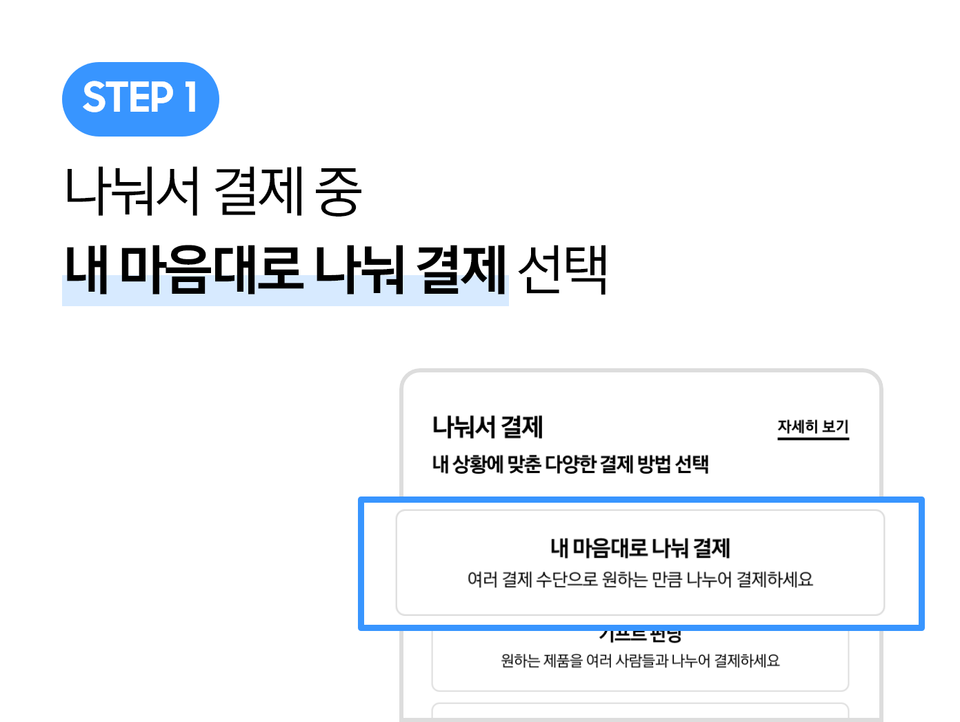 나눠서 결제 옵션에서 내 마음대로 나눠 결제가 선택되어있고 확대되어 있는