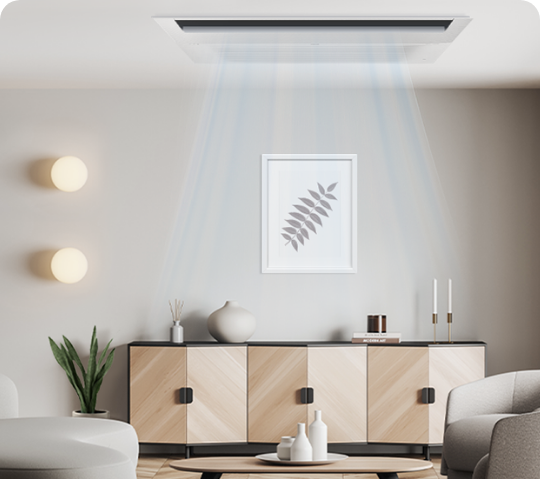거실 천장에 설치된 가정용 무풍 시스템에어컨 114.6 ㎡ 4실 (Wi-Fi 외장형) 이미지