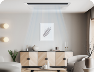 거실 천장에 설치된 가정용 무풍 시스템에어컨 114.6 ㎡ 4실 (Wi-Fi 외장형) 이미지