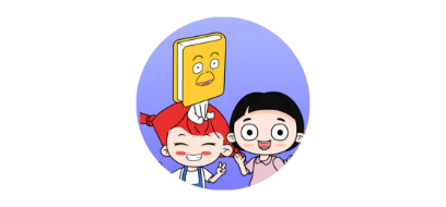 빨간 양갈래 머리 소녀 와, 머리 위에 앉아 있는 이목구비가 달린 책 일러스트, 정면을 보고 손 인사를 하는 단발머리 아이 일러스트
