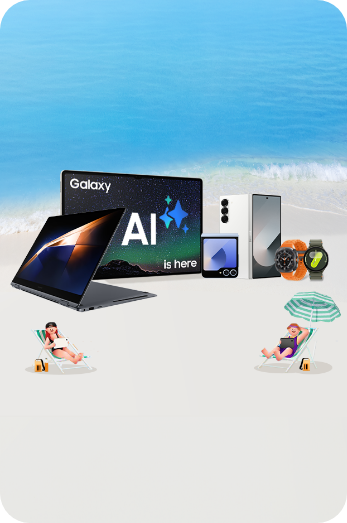 바다 일러스트 배경에 Galaxy Book4 Pro, Galaxy Tab S9, Galaxy Z Fold6, Galaxy Z Flip6, Galaxy Watch7, Galaxy Watch Ultra 제품샷이 놓인