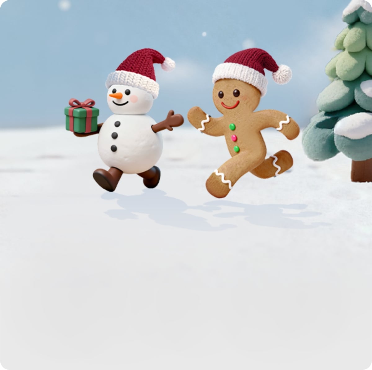 설원 위에서 산타 모자를 쓰고 달리고 있는 눈사람, 진저 쿠키, 참여하러 가기 버튼