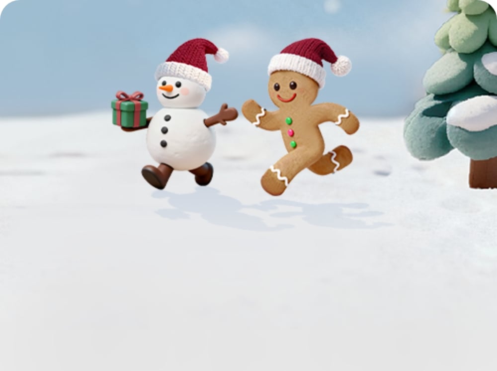 설원 위에서 산타 모자를 쓰고 달리고 있는 눈사람, 진저 쿠키, 참여하러 가기 버튼