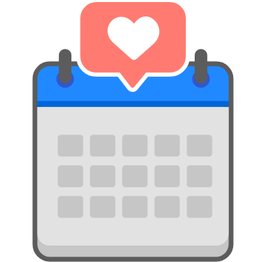 달력과 말풍선 속의 하트, 확성기, 큐커, 상점, 쌓여있는 코인