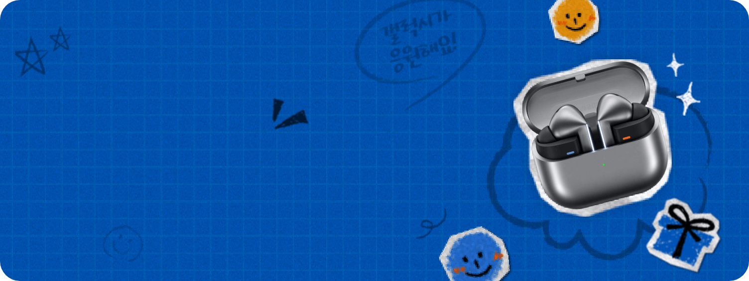 푸른색 배경, 우측에 갤럭시 버즈3 프로 제품이 떠 있는 모습