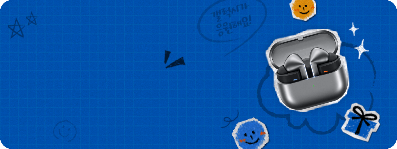 푸른색 배경, 우측에 갤럭시 버즈3 프로 제품이 떠 있는 모습