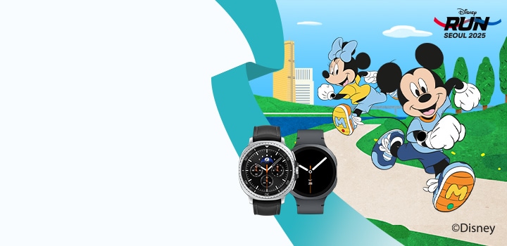 Galaxy Watch8 | Watch8 Classic 제품과 미키와 친구들 캐릭터가 한강 둔치에서 러닝하는 이미지