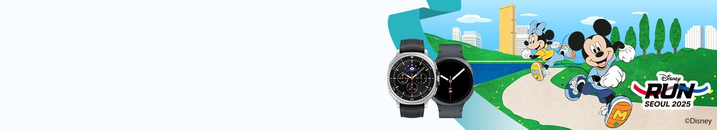 Galaxy Watch8 | Watch8 Classic 제품과 미키와 친구들 캐릭터가 한강 둔치에서 러닝하는 이미지