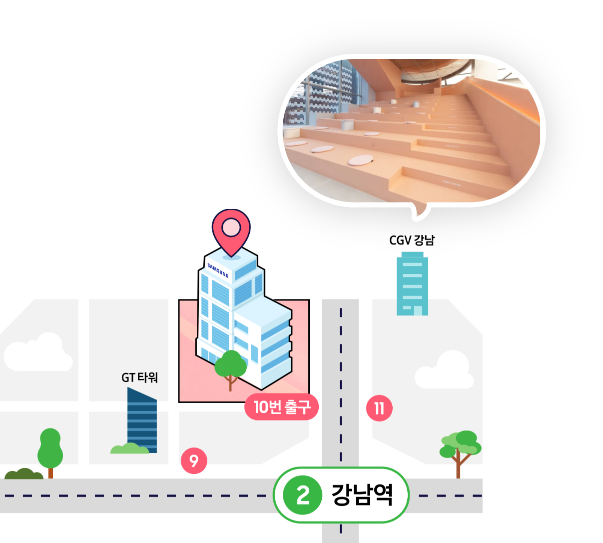 삼성스토어 강남 오디토라룸이 강남역 10번출구 앞에 있다는 것을 표현하는 지도