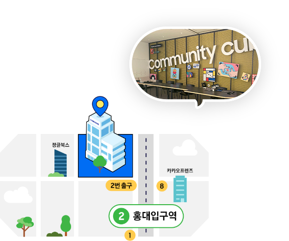 삼성스토어 홍대 커뮤니티룸이 홍대입구역 2번출구 앞에 있다는 것을 표현하는 지도