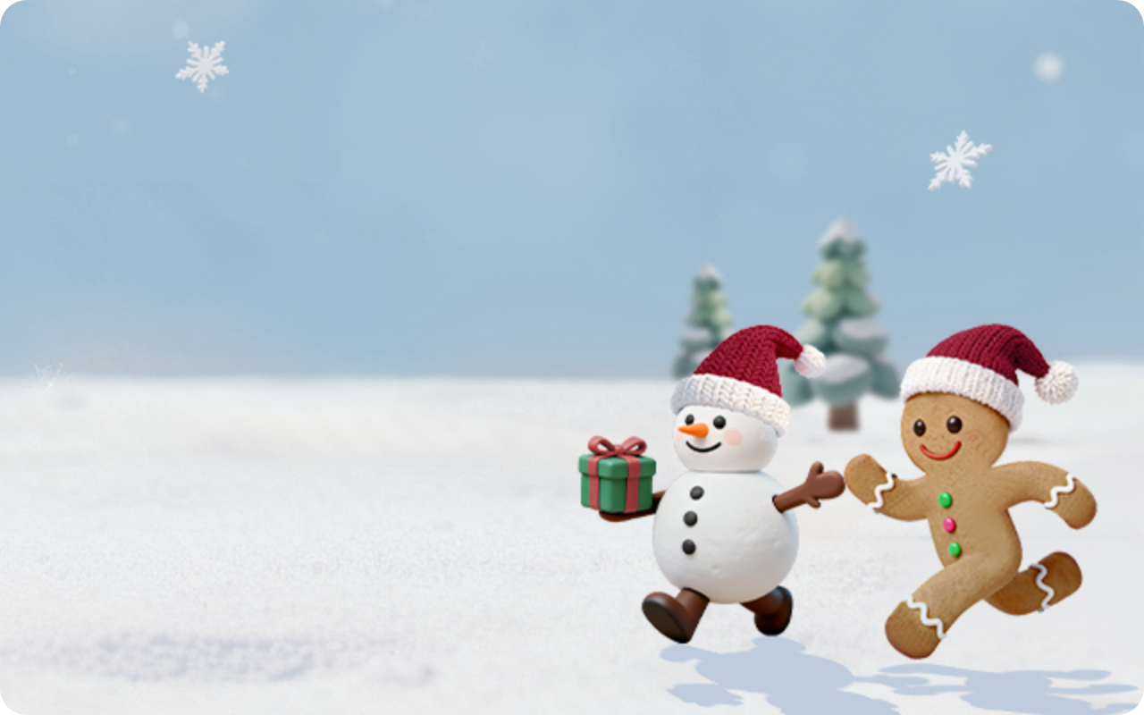 [설원 위에서 산타 모자를 쓰고 달리고 있는 눈사람, 진저 쿠키]