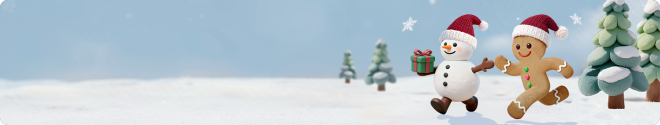 [설원 위에서 산타 모자를 쓰고 달리고 있는 눈사람, 진저 쿠키]